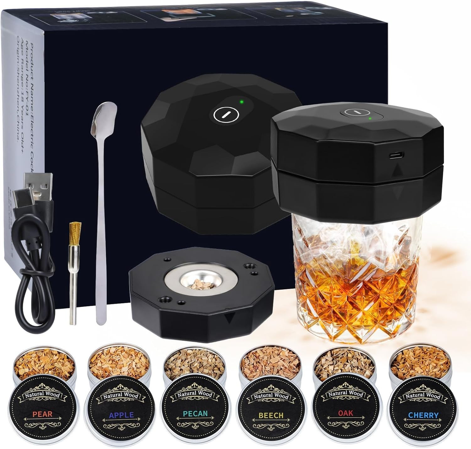 Electric Whiskey Smoker Kit with 6 Flavors Wood Chips & LED 