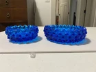 Vintage Set Of 2 Fenton Glass Blue Hobnail Nesting Ashtrays 3.5" & 5"