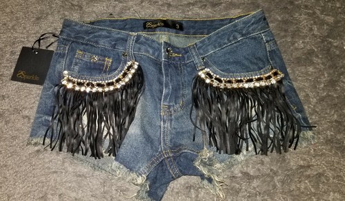 Faux Leather Fringe Jewels Denim Shorts 