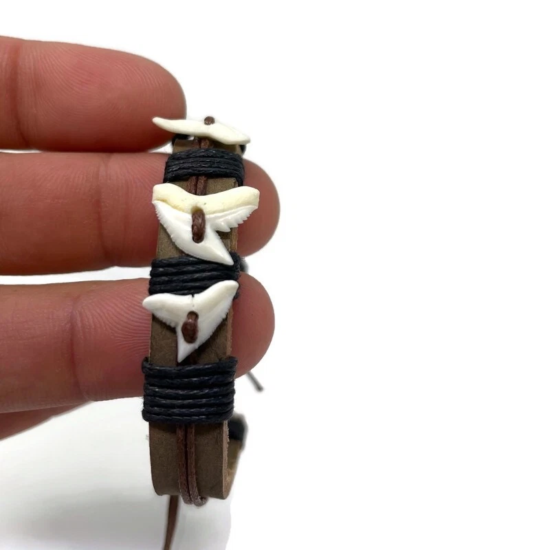  Shark Tooth Bracelet Real Shark Tooth Teeth Surfer Beach Leather Bracelet Cuff  - Image 3 of 3