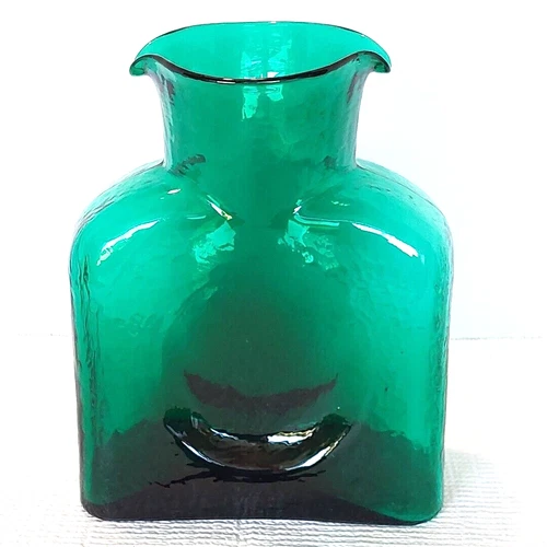Richard Blenko Signed Water Pitcher Double Spout Blue/Green Glass 2000 *Mfg Glob