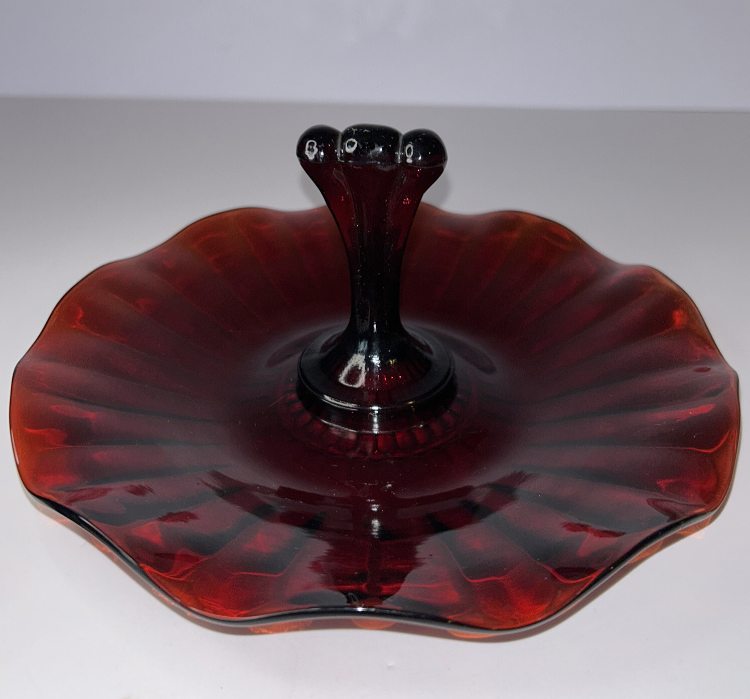 Red. Amberina Glass Tidbit Tray. Ruffled. Handled. Dish. Plate. Candy. MCM 7”