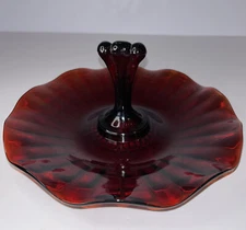 Red. Amberina Glass Tidbit Tray. Ruffled. Handled. Dish. Plate. Candy. MCM 7”