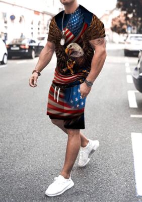 T Shirts Men American Eagle USA Flag Short Sleeve Camiseta Soft Tee & Shorts SET
