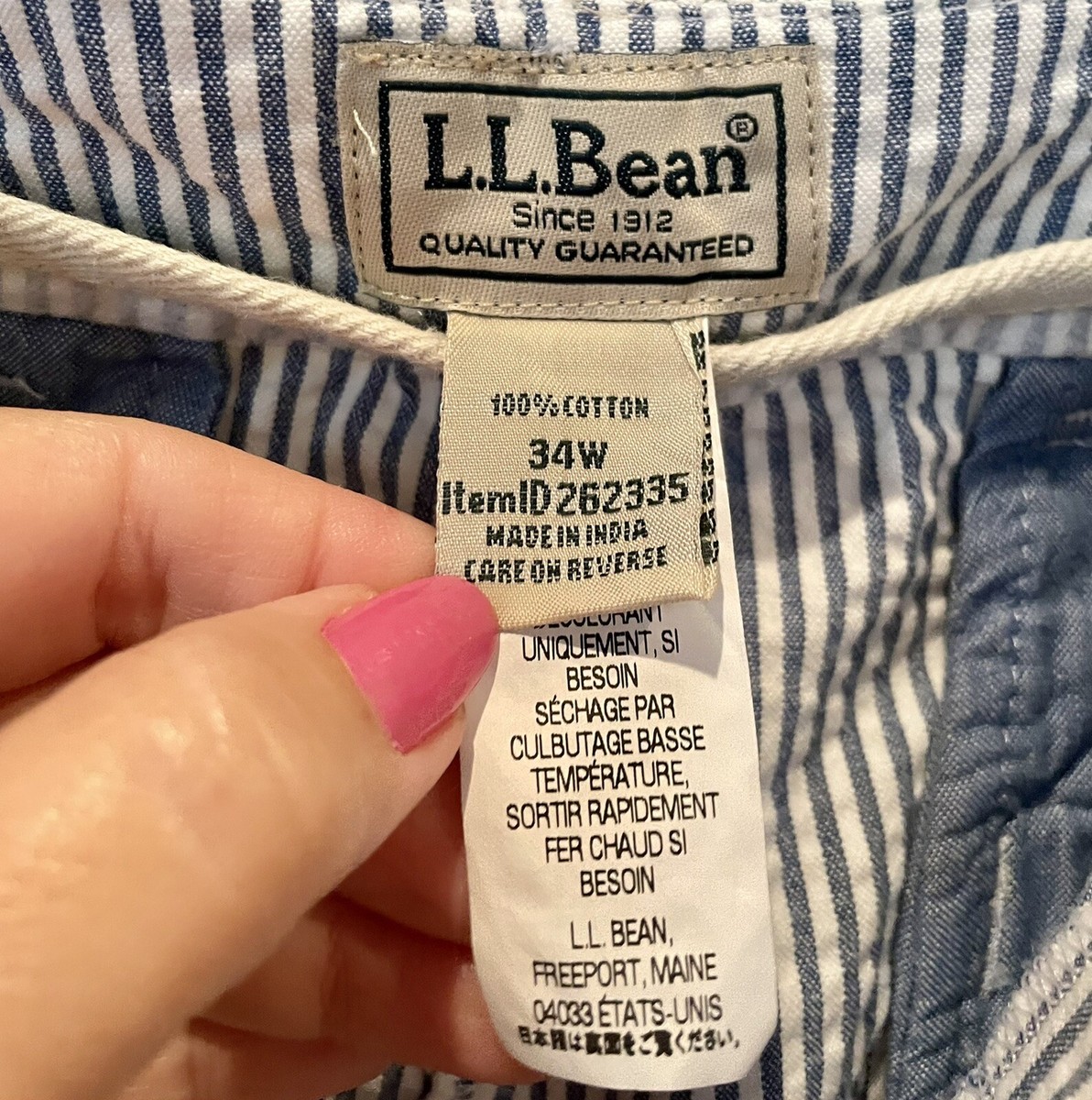 ユウ L L Bean Shorts Mens 34 Seersucker Blue White Stripe Flat Front