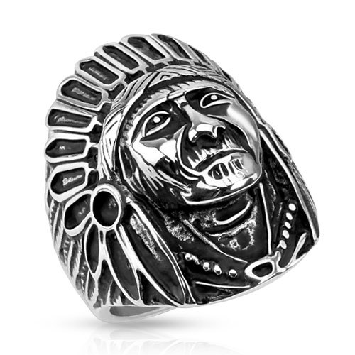 Biker Stainless Steel Large Apache Indian Chief Head Shield Ring Size 9-14