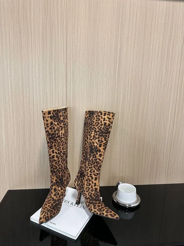 Retro Leopardenmuster Damen Spitz zulaufend Kniehohe Stiefel Reißverschluss Stiletto-Absatz Neu - Bild 16 von 23