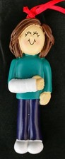 Personalized Female Brown Hair Broken Cast Arm Christmas Tree Ornament