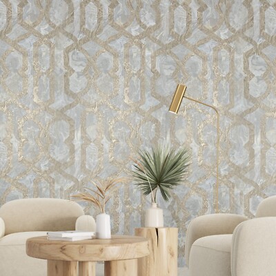 Tan cream gold metallic trellis lines faux liquid art marble textured Wallpaper