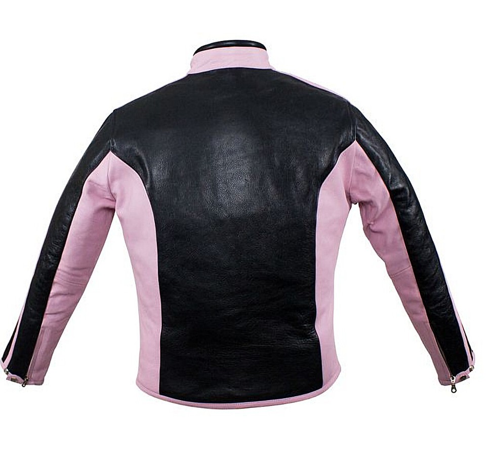 Womens Pink And Black Leather Racer Motorcycle Jacket With Pockets FREE ...