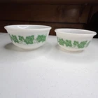 Vintage Hazel Atlas Milk Glass Green Ivy Mixing Bowls 7” & 8” Nesting Set Of Two