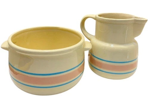 Ceramic McCoy Pink & Blue Striped Pitcher 132 and Pot 120 Vtg USA