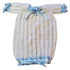 Baby Long Gown Crocheted Handmade White W/Blue Ribbon S/S Pretty Vtg 3-6 Months