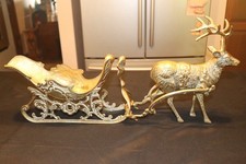 Large Vintage Solid Brass Reindeer Sleigh With Reins-Christmas Centerpiece