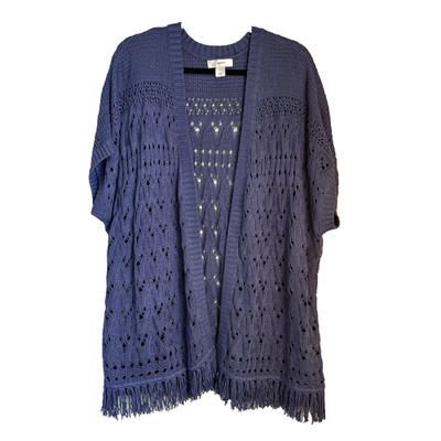 CJ Banks Womens 2X Crochet Open Cardigan Blue Fringe Boho Flowy Hippie Festival