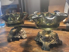 Vintage Pair of Metal Base Standing Ashtray/Cigar Tray, Avocado Flowered Glass