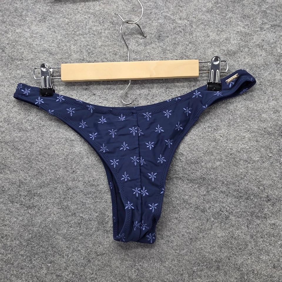 Parte inferior de bikini de natación de zorro blanco para mujer mediana azul marino tanga floral bordada Foto 3 de 4