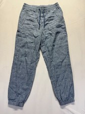 Athleta Retreat Jogger Pants Womens 8 Blue Linen Mid Rise Tapered Leg Drawstring