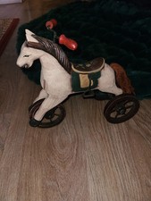 RARE Vintage Small Wooden Horse Metal Tricycle Folk Art Toy Replica Decoration