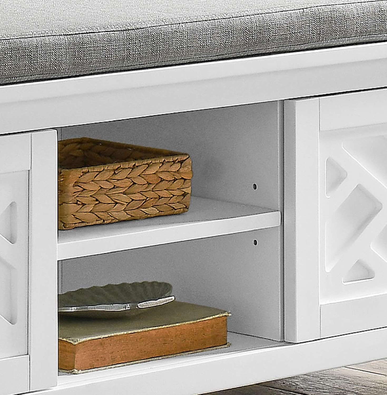 Coventry 45" Wood Storage Bench with Cushion & 3 Adjustable Cubbies