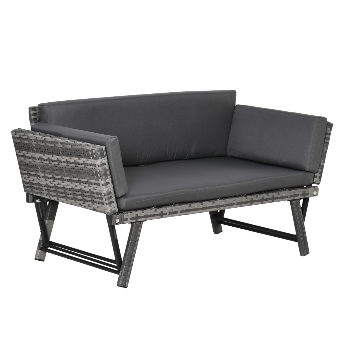 2 in 1 Rattan Folding Daybed Sofa Bench Garden Chaise Lounger with Cushion - Image 2