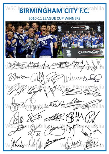 9828. 2010-11 Birmingham City Signed Team Sheet PRINTED AUTOS A4 League Cup Win