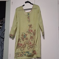 Women s Green Floral Print Cotton Kurta Tunic Long Sleeve, Size M