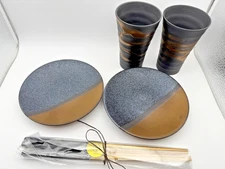KANESUZU Ceramic Evening Drink Set 2 plates 2 chopsticks 2 cups Japanene Style