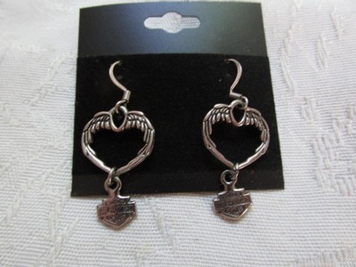 Harley Davidson MOD Earrings - Sterling Eagle Wings Heart w/Bar & Shield - EXC!