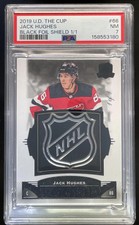 2019-20 Upper Deck The Cup Black Foil Shield #66 Jack Hughes MEM RC 1/1 PSA 7