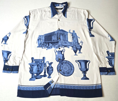 GOCHU by KBB Korean Graphic Button Front Shirt Size L White Blue Ancient Art Pri