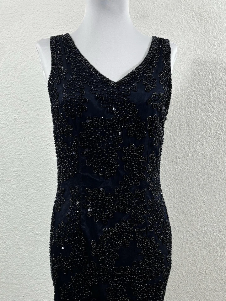 Vestido vintage Stenay para mujer mediano azul marino con cuentas sin mangas cuello en V cóctel Foto 2 de 4