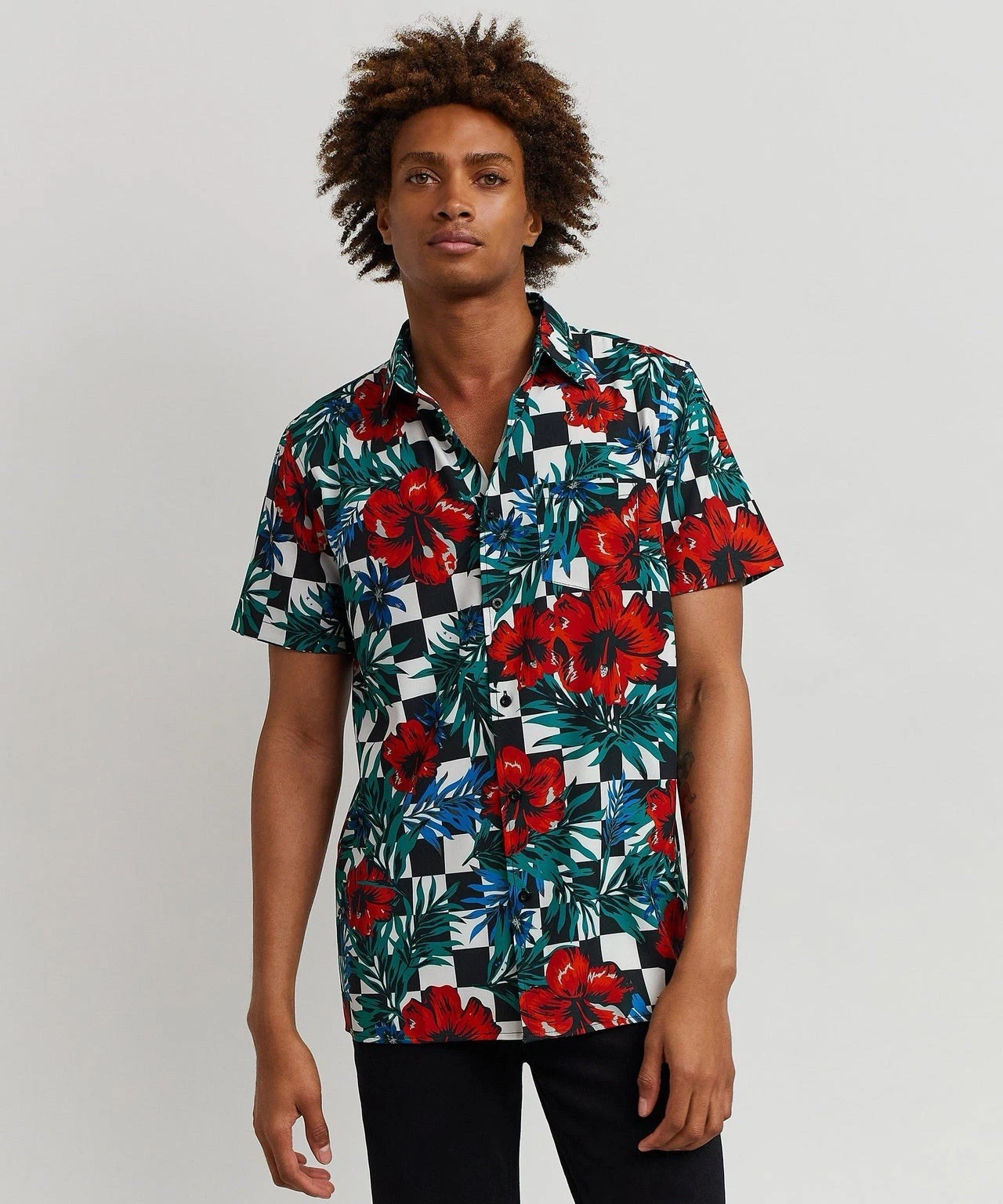 Reason FLORAL CHECK SHORT SLEEVE SHIRT Size M