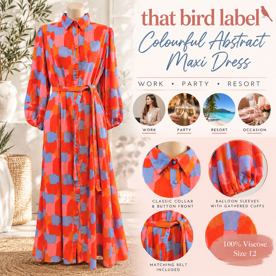 That bird label Maxi Shirt Dress Size 12 M Abstract Print Belt Work Party Resort