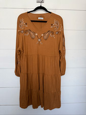 Cupio Women’s Large Brown Embroidered Ruffle Tiered Dress Boho Western