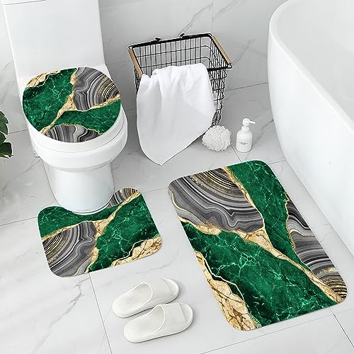 4 Pcs Marble Shower Curtain Set with Non-Slip Rugs, Toilet Lid Cover and Bath - Bild 3 von 6