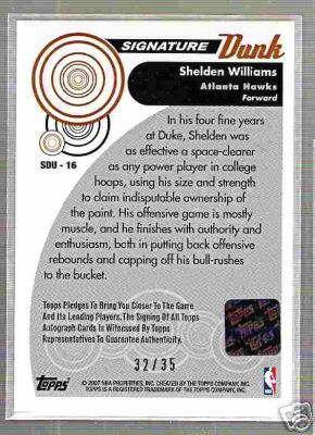 SHELDEN WILLIAMS 2006-07 TOPPS AUTOGRAPH ROOKIE #32/35 - Picture 2 of 2