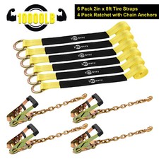 4 Pk Auto Hauler Car Flatbed Tie Down Kit Lasso Wheel Ratchet Straps W Chain