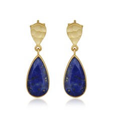 Lapis Lazuli Gemstone Hammered Texture 925 Silver Gold Plated Drop Earrings