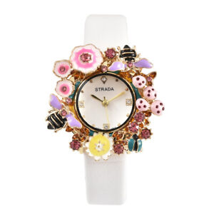 STRADA Crystal Flora Fauna Theme Nature Watch White Faux Leather Strap - Click1Get2 Coupon