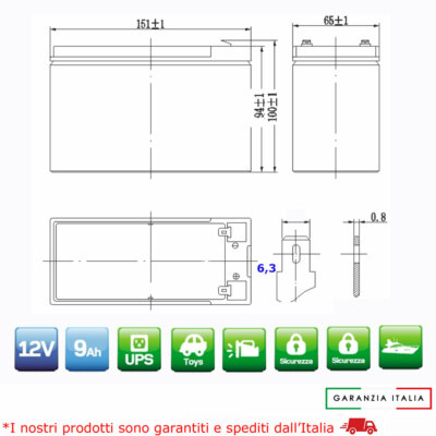 Batteria Al Piocco Ermetica 12V 9Ah - Per UPS, Allarmi E Videosorveglianza, Attacco Faston 6.3mm - Foto 10
