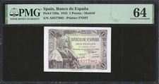 Spain, 1 Peseta 1945 P-128a ☆PMG 64☆ Choice UNC