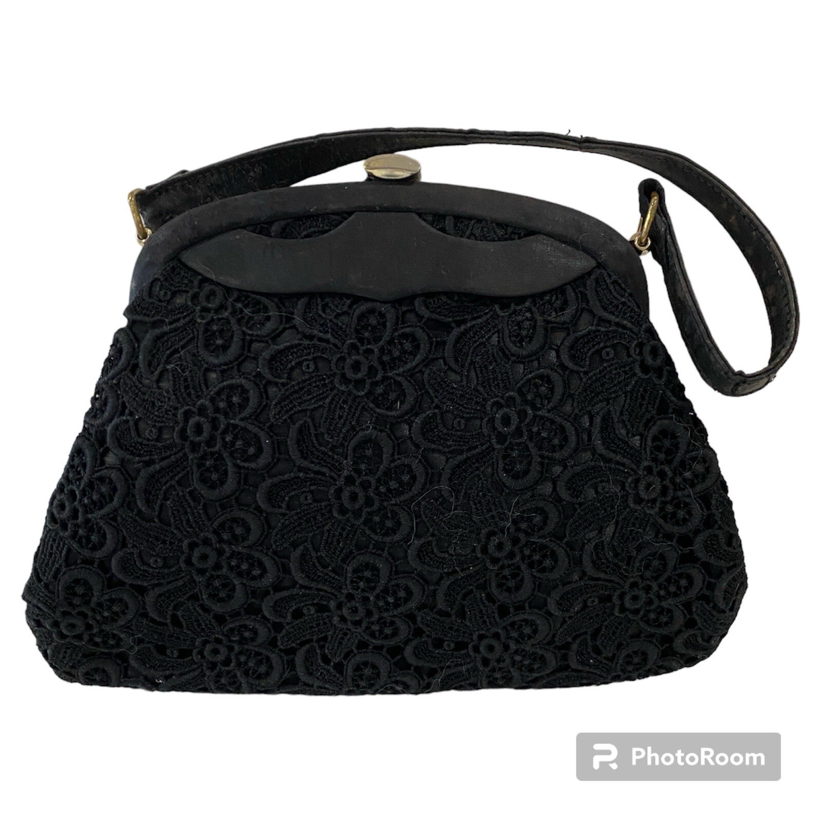 Vintage 1960s Coronet Australia Black Floral Lace Handle Small Evening Bag