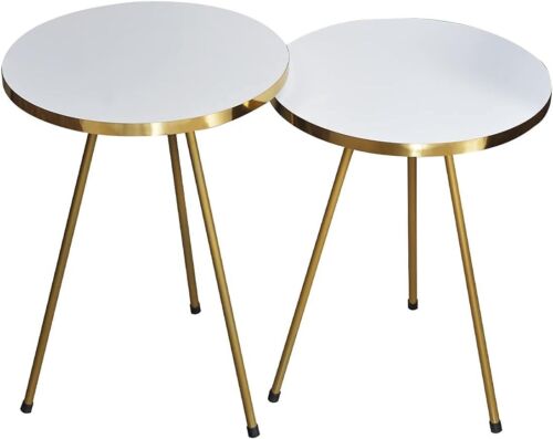 Set of 2 END Tables Marble Look Wood Round Sofa Side Table for Small Spaces - Picture 71 of 73