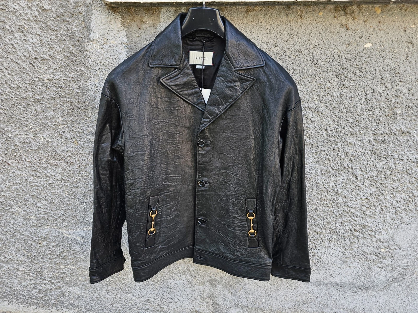 $3450 GUCCI Giacca da uomo in pelle di agnello nera Horsebit vestibilità rilassata taglia 46 (M)