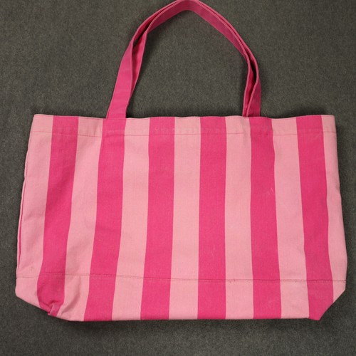 2 PIECE Victoria's Secret Striped Large Canvas Tote Bag & Clutch Pink 19x16 - Picture 7 of 24