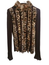 Gaby & Eden Sweater Jacket Rabbit Fur Blend Zip Brown Ribbed Sz Small Tall