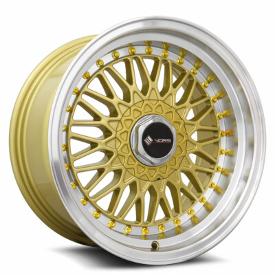 15x8 Vors VR3 4x100,4x114.3 +20 Gold Machine Lip Gold Rivet Wheels (Set of 4)