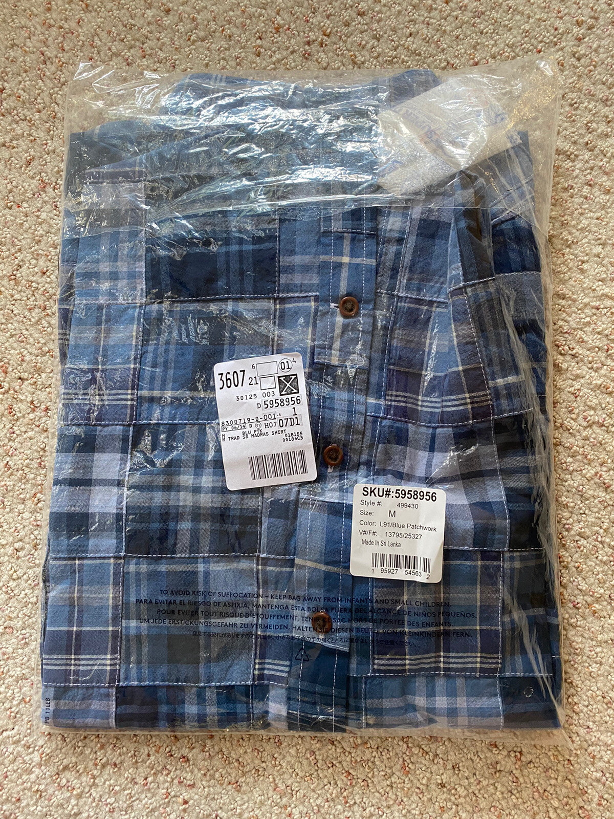 Lands’ End Men’s Short Sleeve Madras Shirt Medium Blue Patchwork In