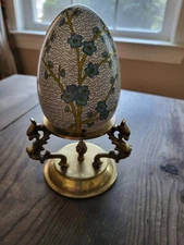 Vtg Chinese Blue White Porcelain Enamel Chinoiserie Cloisonné Egg Brass Dragons